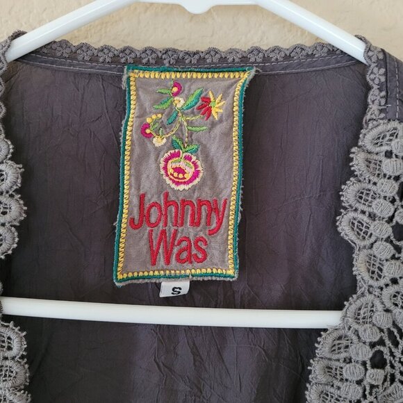 Johnny Was Rayon Pewter Embroidered Lace Eyelet Kimono Boho Tunic Top Sz Small - Picture 4 of 8